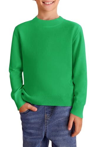 Haloumoning Jersey de punto para niños con cuello redondo y manga larga, suéter suave y ligero básico de un solo color, sudadera casual, verde, 9-10 años