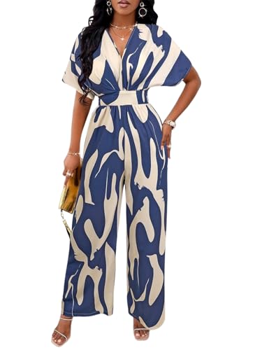 Image of PerZeal Women's V-Neck Short Sleeve Printed Jumpsuit with Pockets - Casual Wide Leg One-Piece Romper for Summer(S-XXL)