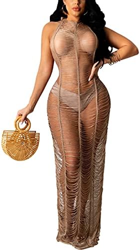 Women Sexy Halter Sleeveless Crochet Mesh See Through Maxi Long Dress Backless Knitted Beach Bikini Swimsuit Cover Ups Brown M