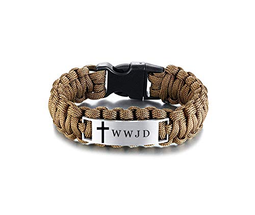 Sunling Free Engraving Custom Religious Braided Paracord WWJD Bracelet for Men,9 Inches,Brown