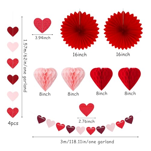 Image of Galentines Party-Decoration Valentines Heart Garland - 25pcs Red Rose-Gold Paper Streamers Honeycomb Fans XOXO BEMINE Banner, Anniversary Baby Shower Wedding Love Hanging Supplies Decor Hugfond