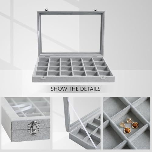 Wudygirl Jewelry Organizer Velvet Jewelry Tray 24 Grid Jewelry Box Earring Holder Organizer Removable Display Case Organizer Glass Top Lid & Lock (24 Grid)