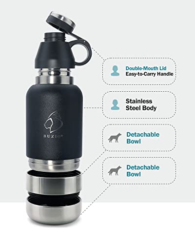 Buzio Dog Water Bottle With Two Detachable Bowls, 32Oz Portable Stainless Steel Insulated Travel Water Bottle Dispenser For Dogs With Carrying Sleeve, Travel Dog Walking Kit #TOP5