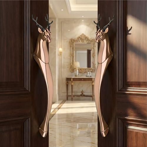 Image of GLOXY Premium Rose Gold 12 inch Classic Vintage Deer Shaped Main Door Handle with 8 inch Hole-to-Hole Spacing - Decorative Push & Pull Aluminium Doors Handles for Homes, Villas & Offices- Pack of 1