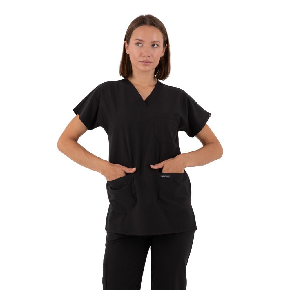 UNIYAZGAN Scrubs for Women Set, Medical Nursing Uniform 4 Way Stretch V-Neck Scrub Top with 3 Pocket & Pant with 5 Pockets (BLACK, S)