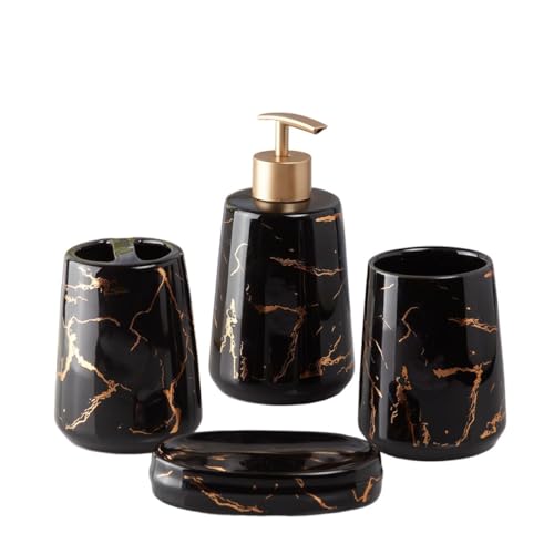 Image of Kookee Ceramic Bathroom Set - Stylish 4 Piece Bath Accessories Kit with Soap Dispenser, Toothbrush Holder, Tumbler & Soap Dish - Modern & Designer Decor for Home & Guest Bathrooms, Black /Gold (9747)