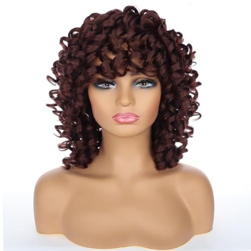PORSMEER Curly Afro Dark Brown Wigs for Black Women Natural Synthetic Hair Wig with Fringe Kinky Big Wave Full Wig for Cosplay Party Darily Wear - Image 2