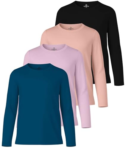 Image of Real Essentials 4 Pack: Girls' Dry-Fit Long Sleeve Crew Neck T-Shirt - Athletic Activewear Soccer Top for Teens Kids Youth