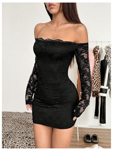Milumia Women's Off The Shoulder Lace Mini Dress Sexy Long Sleeve Bodycon Party Short Dresses2