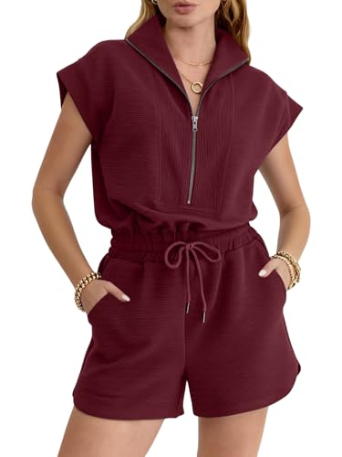 Image of Rompers for Women Summer Short Sleeve Half Zip Lapel Collar Jumpsuit Casual Drawstring One Piece Outfits with Pockets