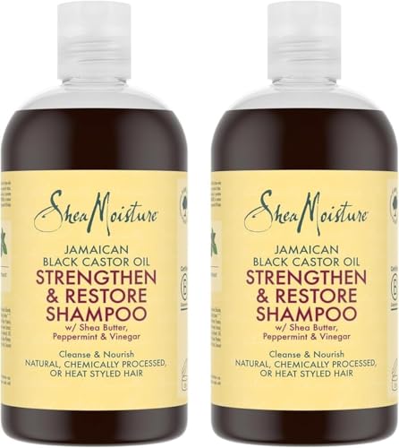 SheaMoisture Champú Fortalece y Repara hidratación máxima para cabello natural, tratado químicamente o peinado con calor con Aceite de Ricino Negro de Jamaica sin siliconas ni sulfatos 2 x 384 ml