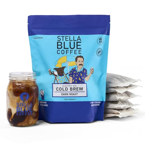 Stella Blue Cold Brew Coffee Bags, Electric Ave Blend, Dark Roast Ground Coffee, Smooth, Bold and Refreshing 100% Arabica, 6 Brew Packets, Makes 24 Cups, Rainforest Alliance Certified
