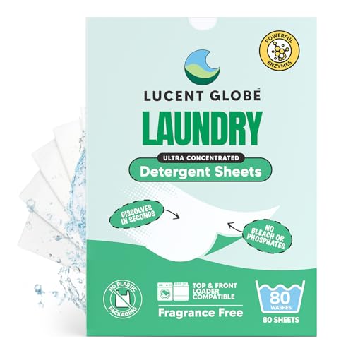 Lucent Globe Laundry Sheets Eco-Friendly Ultra Concentrated Detergent Biodegradable Plastic-Free Plant-Based + Enzymes (80 Washes) (Fragrance Free)