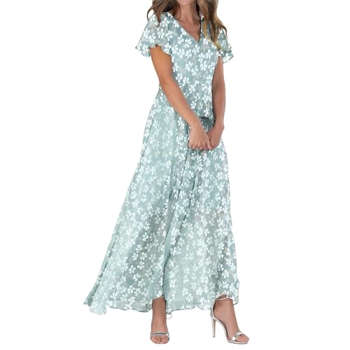 Robe d'été 2026 pour Femme Robes longue en mousseline de soie Fleurs Manches courtes Volants Col en V Taille tendance Robe fluide Bleu ciel De Plage Grandes...