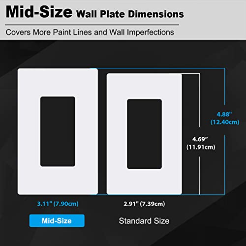 [10 Pack] Bestten 1-Gang Modern Designer Mid Size Screwless Wall Plate, Uswp6 Snow White Series, Unbreakable Midway Outlet Cover, Impact Resistant Switch Plate, H4.88” X W3.11" #TOP4