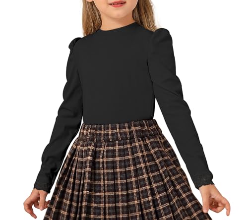Image of Girls Blouses Long Sleeve T Shirts for Girls Tops Tees Puff Round Neck Rib Kids Tshirt White Beige Caramel