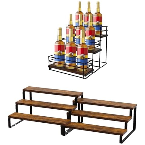 AUATRONNE 9 Bottle Coffee Syrup Organizer Rack, 2 Pack 3-Tier Wooden Display Risers Stand Cover