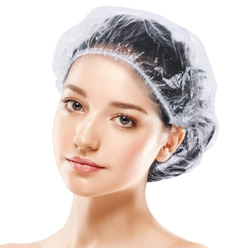 Frogetu 50 Piezas Gorros de Ducha Desechable,Gorro de Baño Elástico,Impermeables Gorros de Ducha de Plastico Transparente,Gorros de Ducha Desechables Plástico,para Hogar,Hotel,Spa