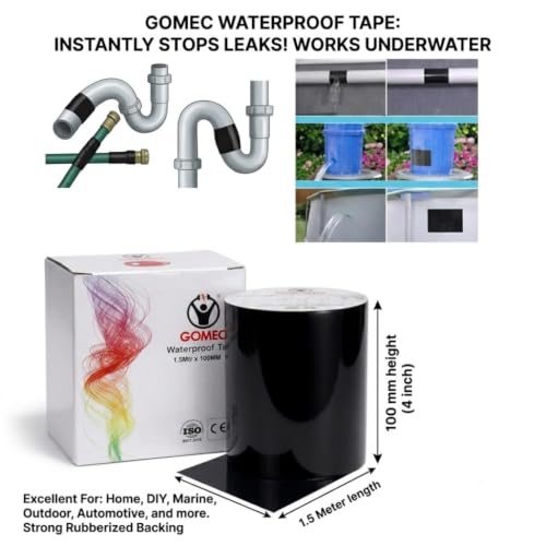 Image of Super Strong Waterproof Tape for Leakage Repair - 100mm (4 Inch) Wide x 1.5 Meter - Black Instant Seal Adhesive Tape for Roof, Pipe, Kitchen, Sink, watertank and Bathroom Water Solutions (Black)