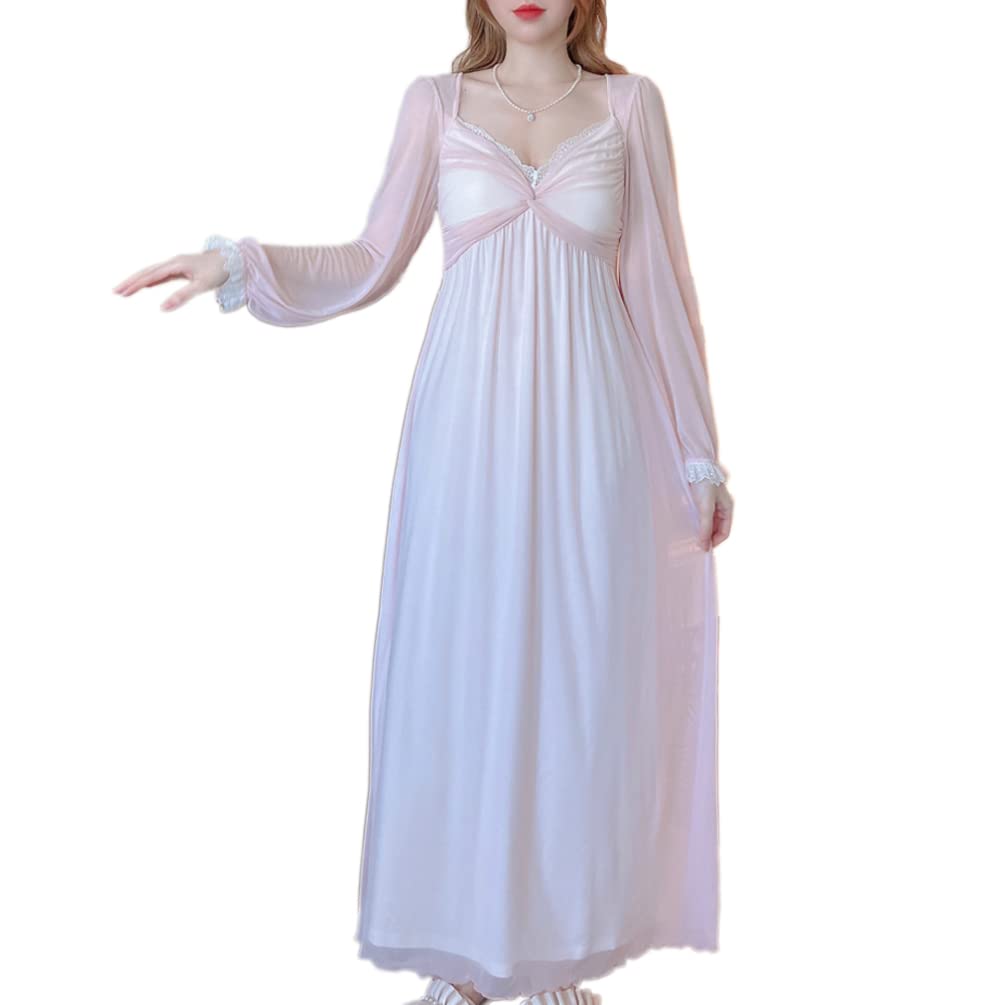 Frauen Mädchen Langarm Spitze Schlafkleid Prinzessin Stil Gaze Nachthemd Nachtkleid