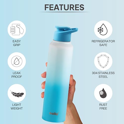 Image of CELLO Aqua Pro Max Stainless Steel Water Bottle 1000 ml White & Blue | ISI Certified Single Wall Rust & Leakproof Fridge Safe Stylish Easy Grip Colorful Steel Water Bottle For Office & Daily Use