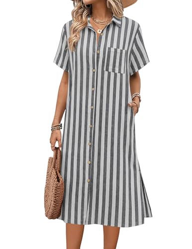 Image of HOTOUCH Womens Dress Summer Casual Midi Short Sleeve Button Down Shirt Dresses Loose Beach Cover Up with Pockets