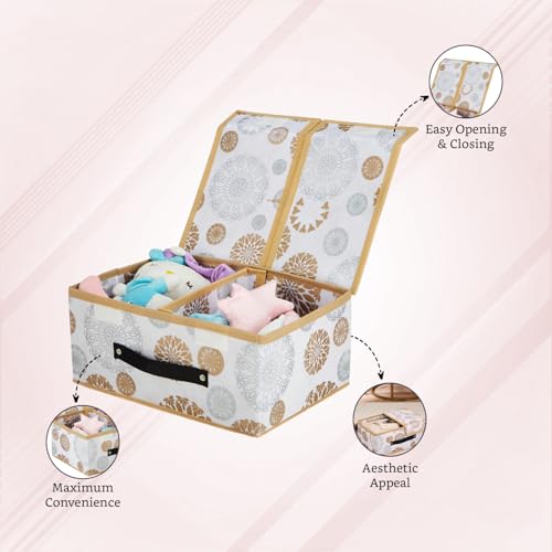 Image of Amazon Brand - Solimo Double Lid Foldable Storage Box | Toys Storage Bin | Wardrobe organizer for Clothes | Front Handle | Stackable Rack | 36 x 25 x 16 cm (Gola Print, White)