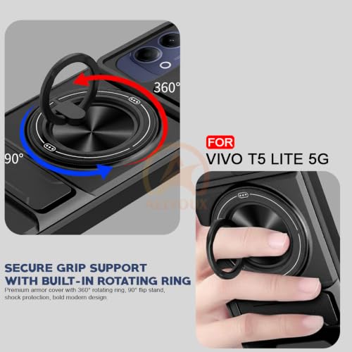 Image of Vivo T5 Lite 44W 5G Back Cover | Armor Camera Slider 360 Degree Rotating Finger Ring Holder Case with Bracket Stand Back Case Cover (Compatible with MagSafe Accessories) (Black)