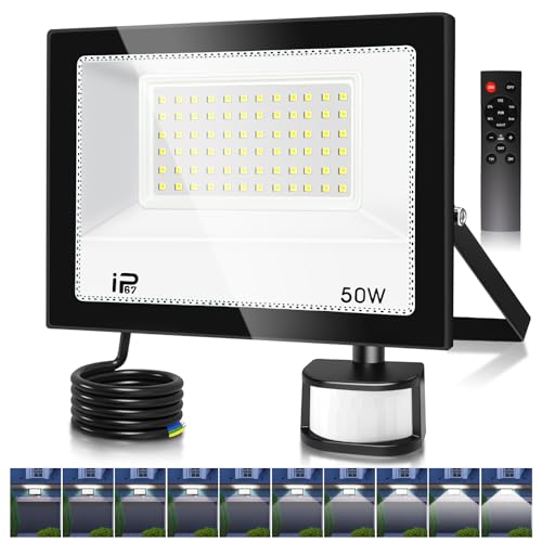 Projecteur Led Exterieur Detecteur de Mouvement et Télécommande 50W, 5000LM 7000K Spot LED Extérieur,Réglables 10 luminosité Eclairage Exterieur Blanc Froid...