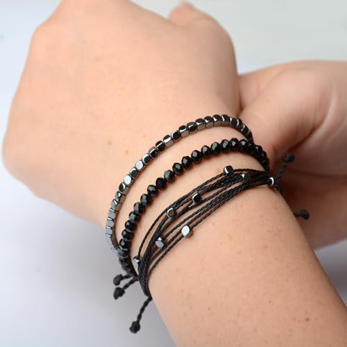 Mezcla Vida 3 Pcs Handmade Women's Stackable Bracelet Set, Adjustable Rope Bracelets Bracelets with Hematite and Glass Beads3