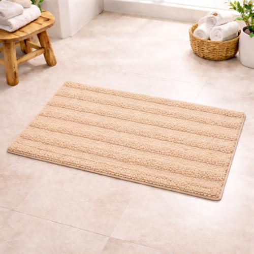 Image of Premium Combed Cotton Tufted Bathmat 50 x 80 cm, 1800 GSM Soft Absorbent Anti Skid Bathroom Floor Mat with Latex Backing, Quick Dry Non Slip Bath Rug for Shower & Daily Use, Stripes Beige