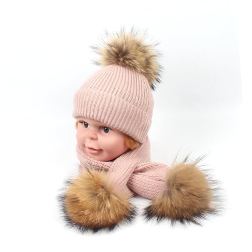 2PCS Warm Hat and Scarf Set with Hair Ball Thickened Knit Scarf and Beanie for Autumn Winter Activities for Boys and Pink