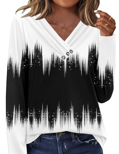 HOTOUCH V Neck Tops for Women Casual Long Sleeve Shirts 2025 Fashion Fall Outfits Business Work Tunics, Black&White XL