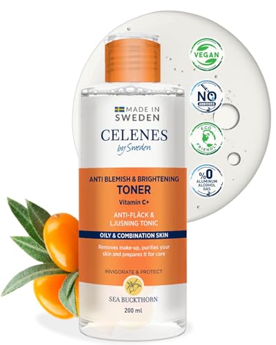 Celenes By Sweden Espino Amarillo Tónico Facial Anti-Manchas/Iluminador 200ml, Tonico Facial Piel Madura Y Para Todo Tipo De Piel Con Vitamina C, Acido Salicilico, Niacinamida, Sin Alcohol/Parabenos