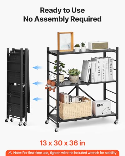 Image of VEVOR 3-Tier Foldable Storage Shelf, 30W x 13D x 36H Inch Folding Metal Rack Shelving Unit, No Assembly Organizer Shelf with 5 Wheels & 4 Hooks for Pantry, Kitchen, Garage, Basement, Black