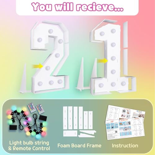 Image of Imprsv Colorful 3FT Marquee Numbers Light up Numbers 21 Birthday Decoration | RGB with Remote, Party Decorations Anniversary Wedding Decorations Assembly Required Foam Board 37 Pcs Accessory Set