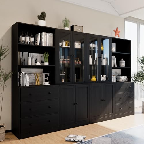 TUSY 71" H Bookshelf with Storage, 6-Tier Modern Bookshelves with 3 Large Drawer, Display Bookcase with Glass Doors, Modern 5-Tier Curio Cabinet for Home Office, Dining Room (Black, ABBA)