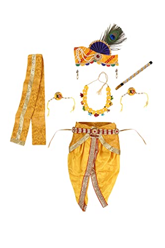 Image of Raj Fancy Dresses Shri Krishna Dress for Baby Boy & Girl, Janmashtmi Dress with Diaper-friendly Dhoti & Dupatta, Mor Pankh Mukut
