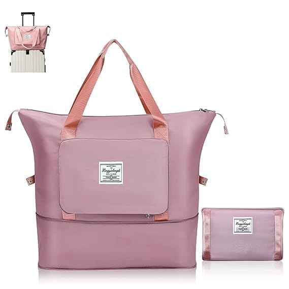 Image of Large Capacity Folding Travel Tote Bag, Oxford Fabric Waterproof Lightweight Foldable Travel Duffel Bag, Portable Expandable Travel Bag, Dry and Wet Separation Carry On Bag for Airplanes (Pink)