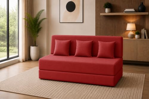 Image of Sofa Cum Bed with Jute Fabric, Convertible Three Seater Sofa Bed 5x6 Ft, Comfortable Cushioned Seating, Space Saving Design for Living Room, Bedroom & Guest Room - Red Color