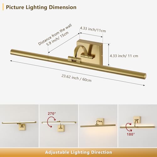 Image of DESOOP Brass Picture Lights for wall Hardwired LED Picture Frame Light Dimmable Painting Lights for Wall Portrait Artwork 23.62 inch 14W Warm White