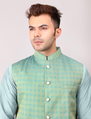 Image of Men's Cotton Silk Blend Regular Kurta Pyjama, Embroidered Nehru Jacket /Waistcoat Set