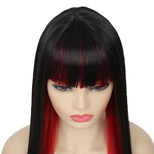 Image of Swiking Black and Red Long Straight Wigs with Bangs for Women Two Tone Heat Resistant Synthetic Wig for Daily Cosplay Halloween Party Use