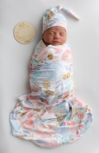 Image of Newborn Floral Print Blanket Baby Stretch Wrap Swaddle Receiving Blanket with Matching Headband and Beanie (Orange and Pink)