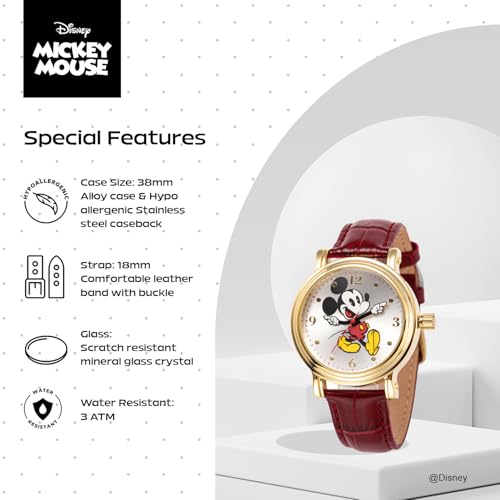 Disney Classic Mickey Mouse Moving Hands Watch, Iconic Design, Fun Animation – Stylish Mickey Mouse Watch for Women, Fans – Women's Watches with Black Leather Strap