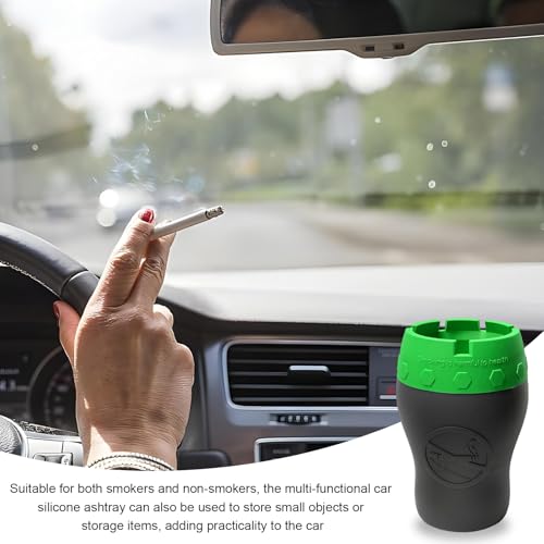 Image of Car Silicone Ashtray, Smokeless Drop-Proof Auto Ash Tray for Cup Holder, Windproof Portable Vehicle Cigarette Ash Tray for Home Outside Office, Interior Car Accessories (Green)