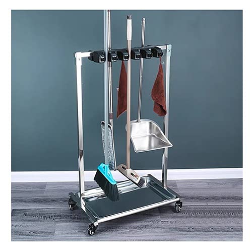 Supporto per scopa e mocio, da pavimento, in acciaio inox, per cucina, garage, giardino