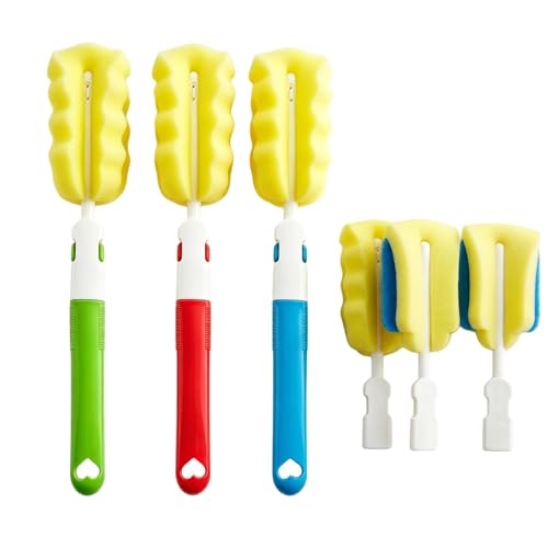 Image of 3PCS Replaceable Cleaning Bottle Sponge Brush Sponge Cup Brush Set with 3 Replacement Brush Head Portable Long Handle Water Bottle Cleaner Brush for Water Bottle Glasse Bottle Mugs Cup (Color Random)