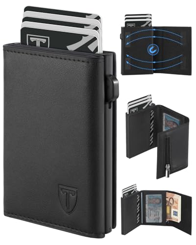 Tomylv Geldbörse Herren - Münzfach & RFID Schutz, Leder Portmonee Herren mit 9 Fächer für Kreditkarten kartenetui mit Magnetischer, Slim Wallet Geldbeutel Klein - Schwarz