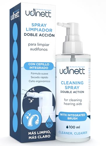 Spray Limpiador para Audífonos Udinett de 100ml para Auriculares y Cascos Bluetooth - Desinfectante Rápido Sin Alcohol - Limpiador en Aerosol con Cepillo Contra la Suciedad y el Cerumen